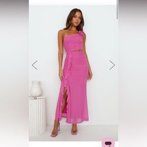 ANOTHER PARTY ONE SHOULDER MESH MAXI DRESS
